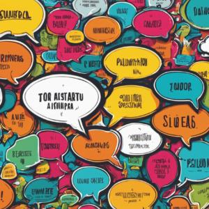 An image showcasing 10 colorful speech bubbles, each containing a unique Spanish phrase, surrounded by illustrations of enthusiastic individuals nodding, gesturing, and smiling