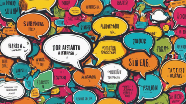 An image showcasing 10 colorful speech bubbles, each containing a unique Spanish phrase, surrounded by illustrations of enthusiastic individuals nodding, gesturing, and smiling