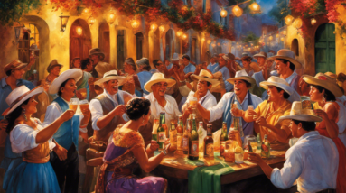 An image showcasing a vibrant fiesta scene with enthusiastic locals raising their glasses, clinking bottles filled with refreshing cerveza, as steam rises from the frosty amber liquid, evoking a delightful, intoxicating aroma