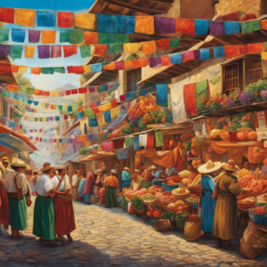 An image of a vibrant Mexican market, bustling with people
