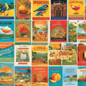 An image showcasing a vibrant collage of Spanish vocabulary flashcards: from complex idioms to intricate verb conjugations