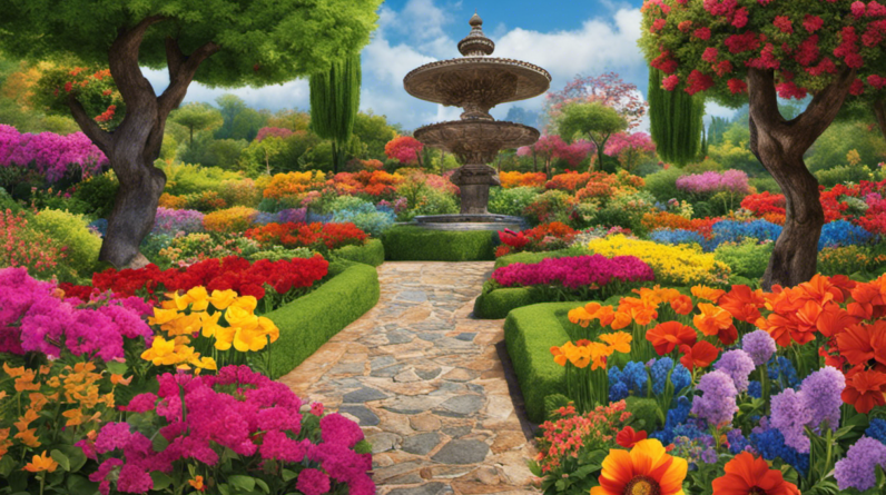 An image of a vibrant Spanish verb garden, blossoming with conjugated verbs