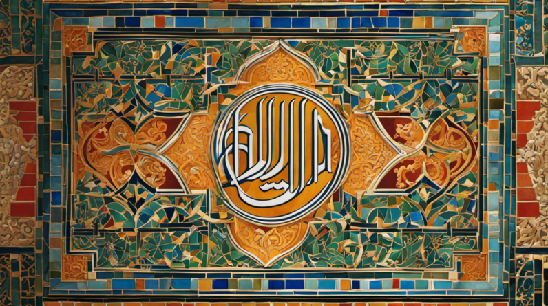 An image with a vibrant mosaic pattern showcasing intertwining Arabic calligraphy and Spanish tiles, symbolizing the linguistic fusion between the two cultures