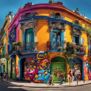 An image showcasing a vibrant, bustling Buenos Aires street corner, adorned with colorful graffiti, as locals engage in animated conversations, punctuated with distinct Argentine slang and expressions