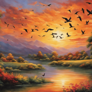 An image featuring a vibrant, ethereal sky at sunset, with a flock of graceful birds soaring overhead, symbolizing the profound meaning and translation of the word "Asas