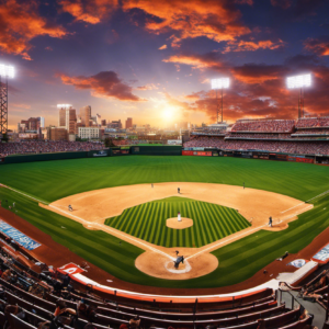 An image showcasing a vibrant baseball field on a sunlit afternoon, embellished with Spanish baseball terms painted on the walls, capturing the essence of "Baseball Words in Spanish" for the blog post