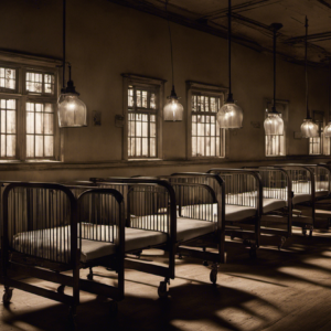 An image showcasing a hauntingly empty hospital ward with flickering gas lamps, dimly illuminating a row of worn-out nurses' shoes, symbolizing the resilience and sacrifices made during the Spanish Flu pandemic