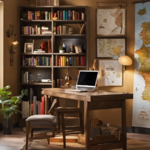 An image capturing a cozy study nook adorned with vibrant Spanish language textbooks, a notebook filled with meticulous notes, a laptop displaying language learning apps, and a map of Spain pinned to the wall