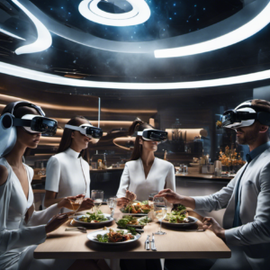 An image showcasing a futuristic scene with a group of people dining in a sleek, technologically advanced restaurant