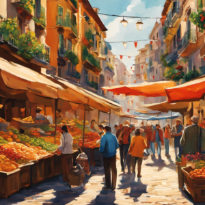 An image showcasing a vibrant Spanish cityscape with a bustling street market, where locals effortlessly converse in compound tenses
