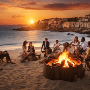 An image of a picturesque Spanish beach at sunset, where a group of friends are sitting around a bonfire, laughing and reminiscing about their past adventures, capturing the essence of the conditional perfect tense in Spanish