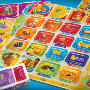 An image depicting a colorful, interactive board game with vibrant Spanish verb conjugation cards