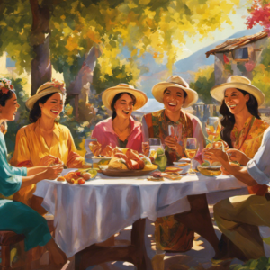 An image featuring a vibrant, sunlit scene with a group of friends gathered around a table