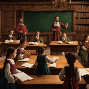 An image depicting a Spanish language classroom from the 16th century, with a stern teacher pointing to a blackboard filled with conjugated verbs, while students diligently practice verb tenses in their notebooks