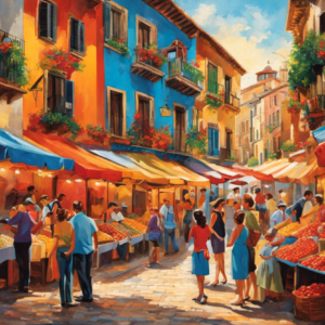 An image showcasing the vibrant essence of Everyday Spanish Words - a bustling outdoor market filled with locals passionately conversing, colorful street signs, and a mosaic of Spanish expressions adorning the walls