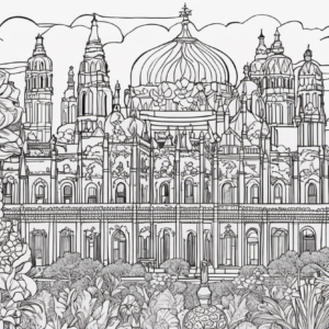 An image showcasing a vibrant collection of Free Printable Spanish Coloring Pages, featuring intricate designs of cultural symbols like flamenco dancers, matadors, and iconic landmarks such as the Sagrada Familia and Alhambra
