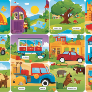 An image featuring a vibrant array of Spanish flashcards, showcasing various themes like colors, animals, and everyday objects