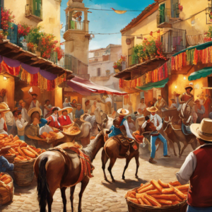 An image showcasing the hilarity of Spanish sentences: a vibrant backdrop of a bustling mercado, where a burro dons a sombrero, attempting to juggle flaming churros, as locals burst into laughter