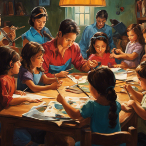 An image featuring a group of people engaging in various activities: a woman will be painting, a man will be playing the guitar, and children will be studying