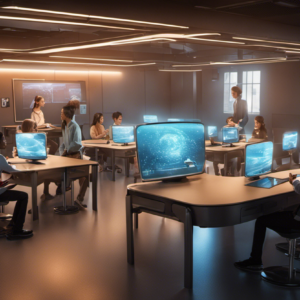 An image depicting a futuristic classroom with students engaged in conversation, using holographic technology to practice the future subjunctive in Spanish