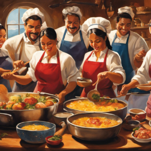 An image showcasing a diverse group of people engaging in various activities, such as cooking, painting, and dancing, highlighting the different verb forms of "hacer" in Spanish