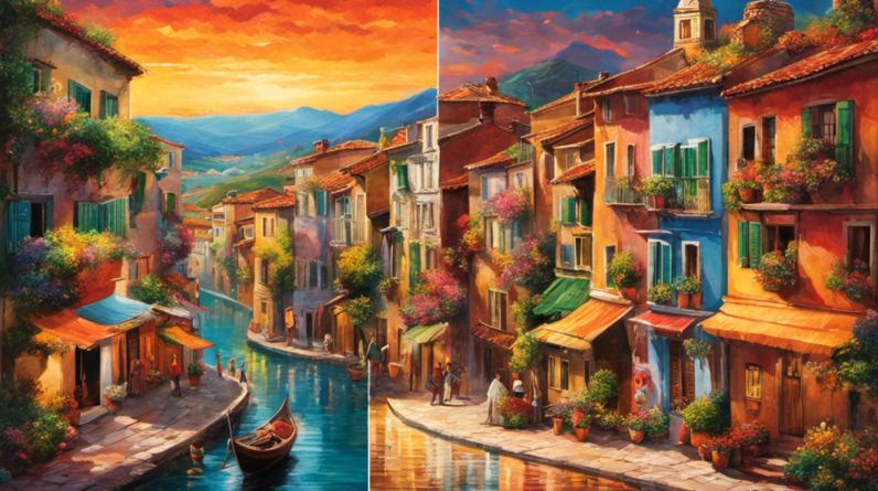An image showcasing a split screen of contrasting scenes - one depicting the bustling streets of Iera with vibrant colors and movement, while the other shows a serene countryside landscape representing the tranquility of 'Me Gustaría'