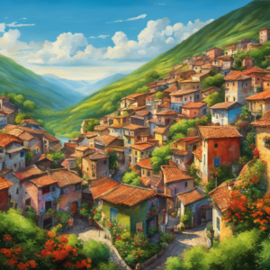 An image capturing two contrasting moods: a serene, idyllic scene of Iera, a peaceful village nestled amidst lush green hills, juxtaposed with the vibrant chaos of Me Gustaría, a bustling cityscape filled with colorful street art and energetic crowds