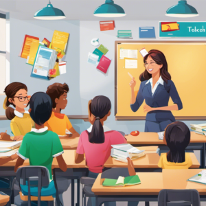 An image showing a vibrant classroom scene with Spanish textbooks, students engaged in conversation, and a teacher pointing to a whiteboard displaying conditional sentences