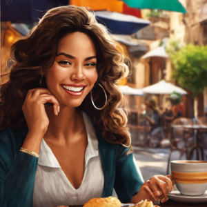 An image showcasing a young woman sitting at a café, engaging in lively conversation with native Spanish speakers