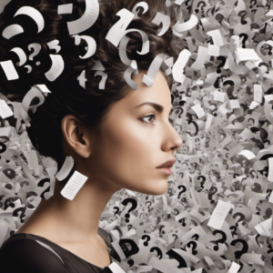 An image of a young woman surrounded by a cloud of question marks, her face reflecting uncertainty
