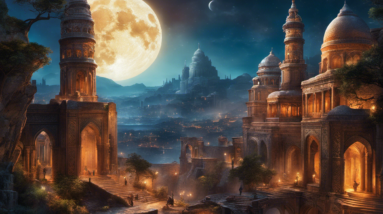 An image showcasing the contrasting worlds of Inar' and Acabar: one bathed in ethereal moonlight, with mystical creatures drifting through ancient ruins, while the other pulsates with vibrant hues, bustling cityscapes, and towering futuristic structures