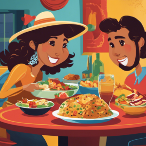 An image depicting a Spanish conversation between friends, showcasing their expressions of delight as one friend offers the other a plate of delicious food, emphasizing the usage of indirect object pronouns with the verb "gustar