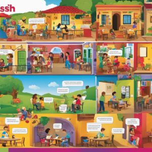An image showcasing a colorful worksheet filled with engaging exercises, where Spanish students identify and replace indirect objects with pronouns