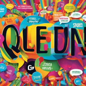 An image of a colorful collage featuring a variety of items like ¿quién?, ¿cuándo?, ¿dónde?, and ¿por qué? written on vibrant speech bubbles, symbolizing the essential interrogative pronouns in Spanish