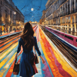An image depicting a young woman confidently walking towards a bustling train station in Madrid, her footprints forming a trail of vibrant colors, representing the various conjugations of the Spanish verb "ir" (to go)