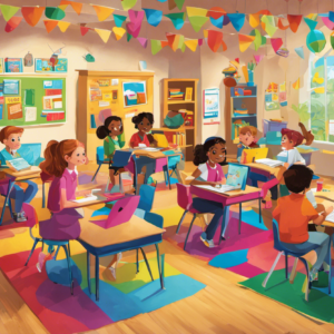 An image showcasing a vibrant classroom scene with students actively engaged in immersive activities, such as conversing in Spanish, collaborating on projects, and using colorful educational resources, to illustrate the effectiveness of Lesson Plans in Spanish