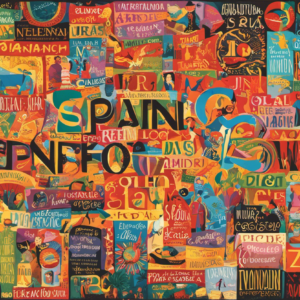 An image showcasing a vibrant collage of Spanish words, each adorned with colorful illustrations representing their meanings