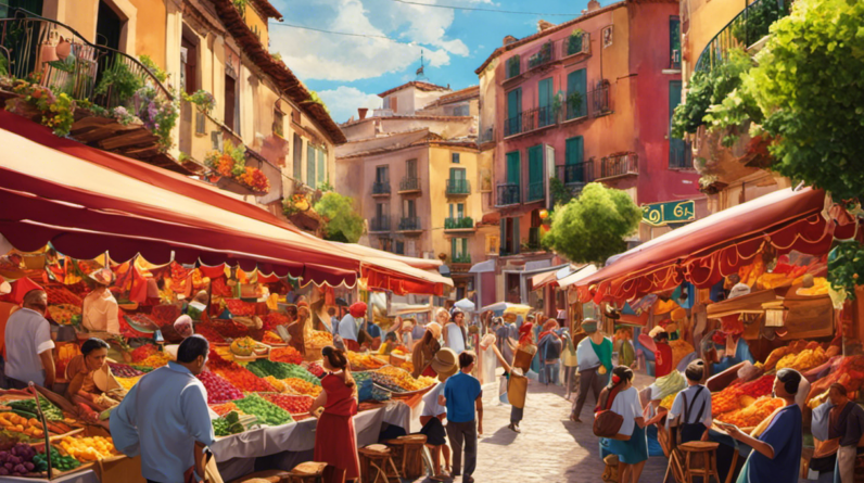 An image of a vibrant marketplace in Spain, where locals passionately converse, their animated gestures bringing Spanish words to life