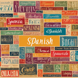 An image showcasing a vibrant collage of Spanish words, elegantly written in different calligraphy styles and sizes
