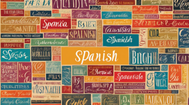 An image showcasing a vibrant collage of Spanish words, elegantly written in different calligraphy styles and sizes