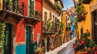 An image capturing the essence of "Meaning in Spanish": a vibrant, sun-kissed street in Spain adorned with colorful facades, bustling with locals engaged in passionate conversations, evoking a sense of depth, connection, and rich cultural significance