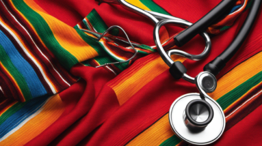 An image showcasing a stethoscope draped over a vibrant red and yellow Serape, symbolizing the intersection of traditional Mexican culture and medical terminology in Spanish