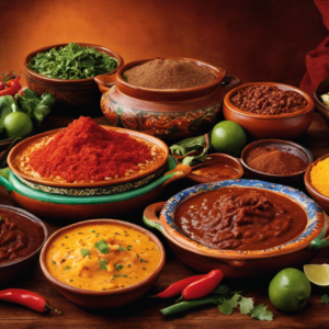 An image of a vibrant Mexican market scene, showcasing a traditional Mero Mole' dish