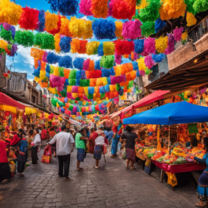 An image capturing the essence of "neta" in Mexican slang: a vibrant street market bustling with locals, colorful piñatas hanging from the ceiling, and vendors passionately shouting their prices while customers haggle