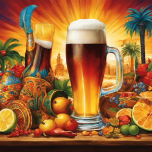 An image showcasing the rich diversity of Spanish culture, featuring colorful glasses filled with frothy, golden liquids, surrounded by vibrant artwork and traditional symbols that evoke the joyous spirit of enjoying a cold, refreshing beer