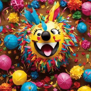 An image showcasing a vibrant, colorful piñata bursting with laughter-inducing confetti, surrounded by exuberant faces displaying jovial expressions, capturing the essence of the numerous delightful ways to say 'funny' in Spanish