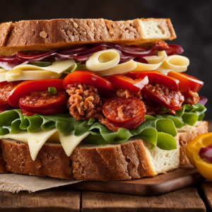 An image showcasing an array of mouthwatering sandwiches in vibrant colors, each topped with unique Spanish ingredients like chorizo, manchego cheese, and roasted peppers
