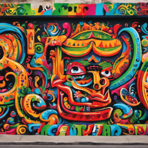 An image depicting various elements of Mexican slang associated with the term "pedo" - such as colorful street art, vibrant cultural symbols, and expressive gestures - capturing the essence of this linguistic phenomenon