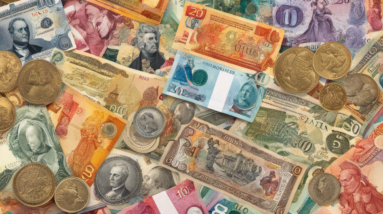 An image featuring various visually distinct Spanish banknotes and coins, showcasing the vibrant colors, intricate designs, and varying denominations