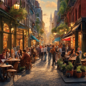 An image showcasing two contrasting scenes: a bustling R' street, filled with vintage bookstores, cozy cafes, and people engrossed in reading, juxtaposed against a vibrant Beber street with trendy bars, lively music venues, and stylish individuals socializing